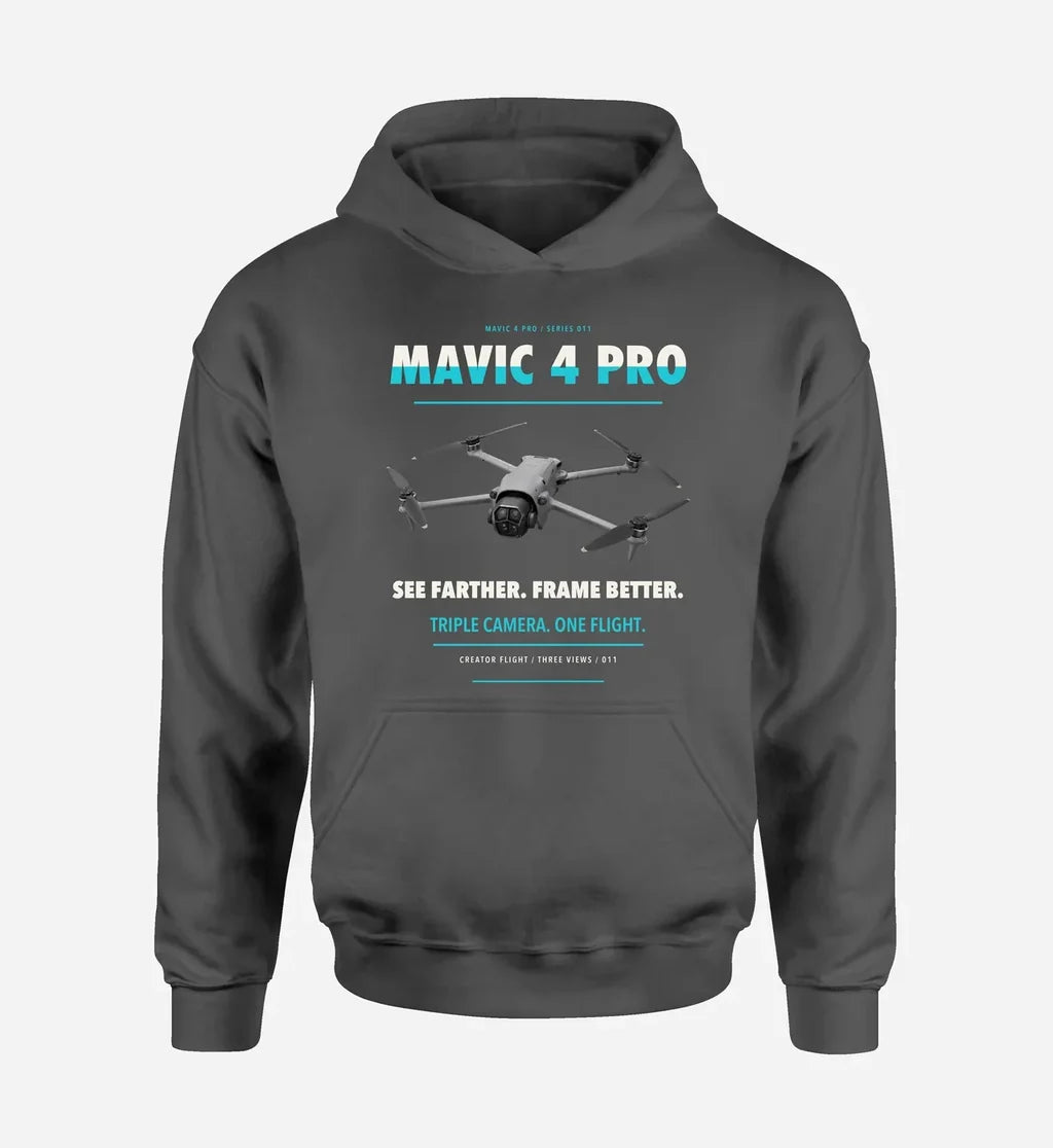 DJI Mavic 4 Pro design on dark gray hoodie single side