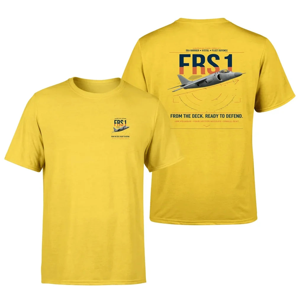 British Aerospace Sea Harrier FRS.1 design on yellow t-shirt, double-side print