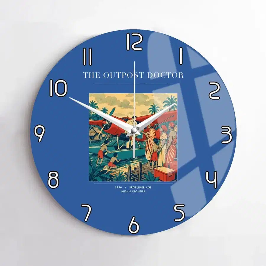 VINTAGE G4197 - The Outpost Doctor - Designed Wall Clocks design on blue no-frame