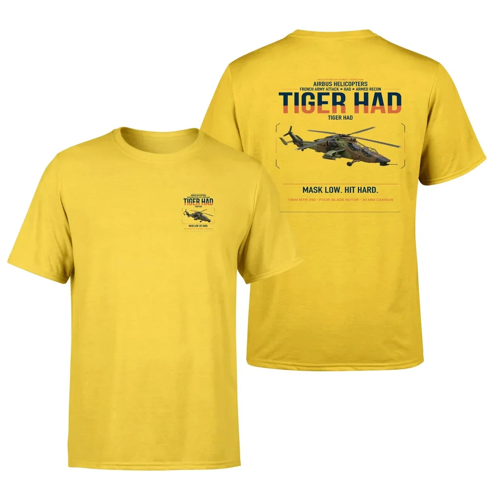 Airbus Helicopters Tiger HAD design on yellow t-shirt, double-side print