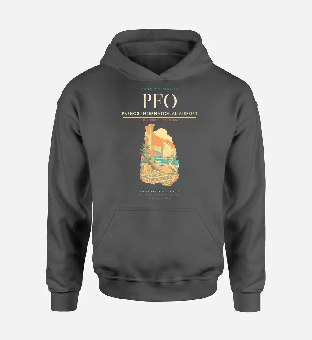 Paphos International Airport (PFO) design on dark gray hoodie single-side print