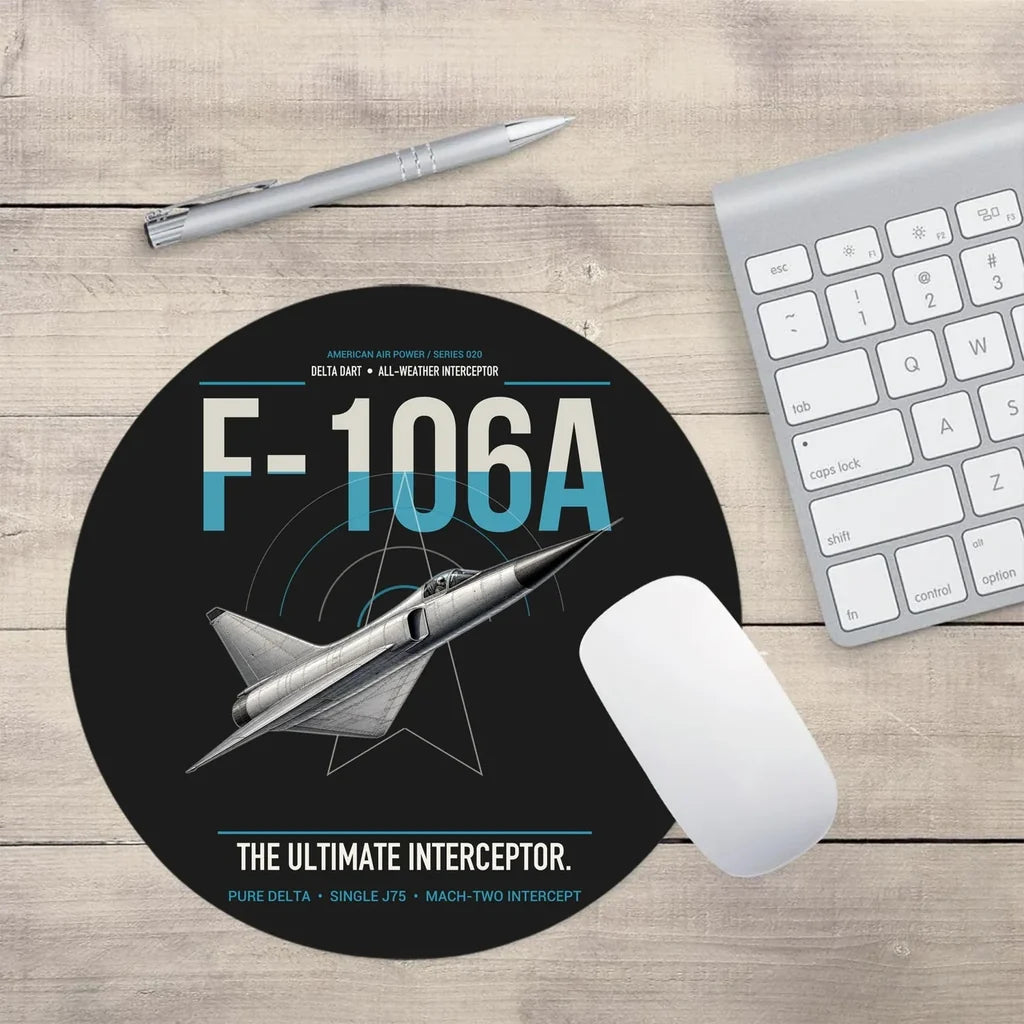 F-106A Delta Dart design on black round mouse pad