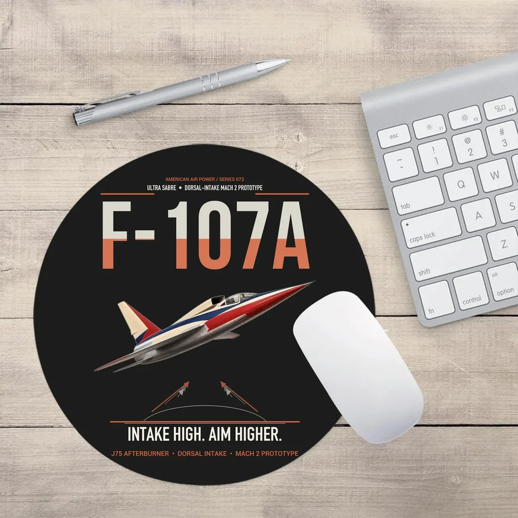 F-107A Ultra Sabre design on black round mouse pad