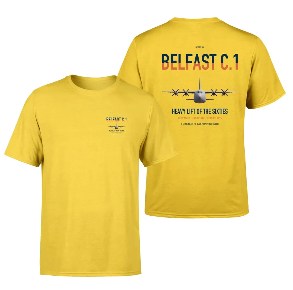 Short Belfast C.1 design on yellow double-side t-shirt, double-side print