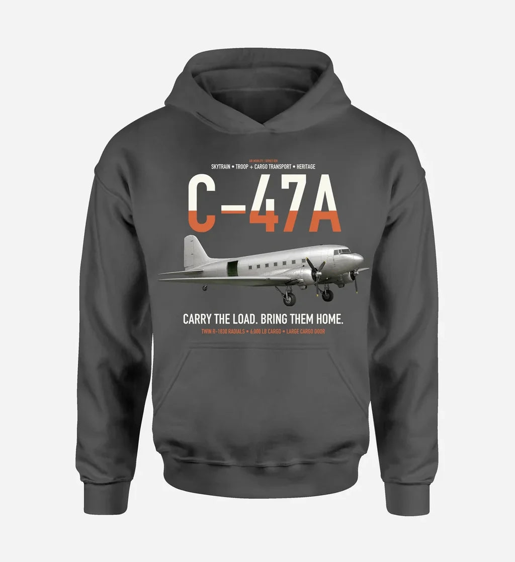 C-47A Skytrain design on dark gray double-side hoodie, single-side print