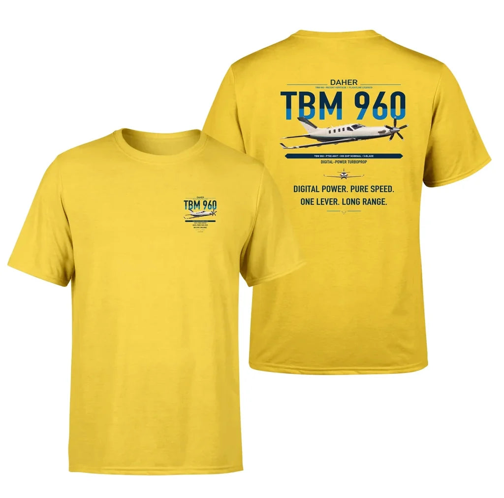 Daher TBM 960 design on yellow t-shirt, double-side print