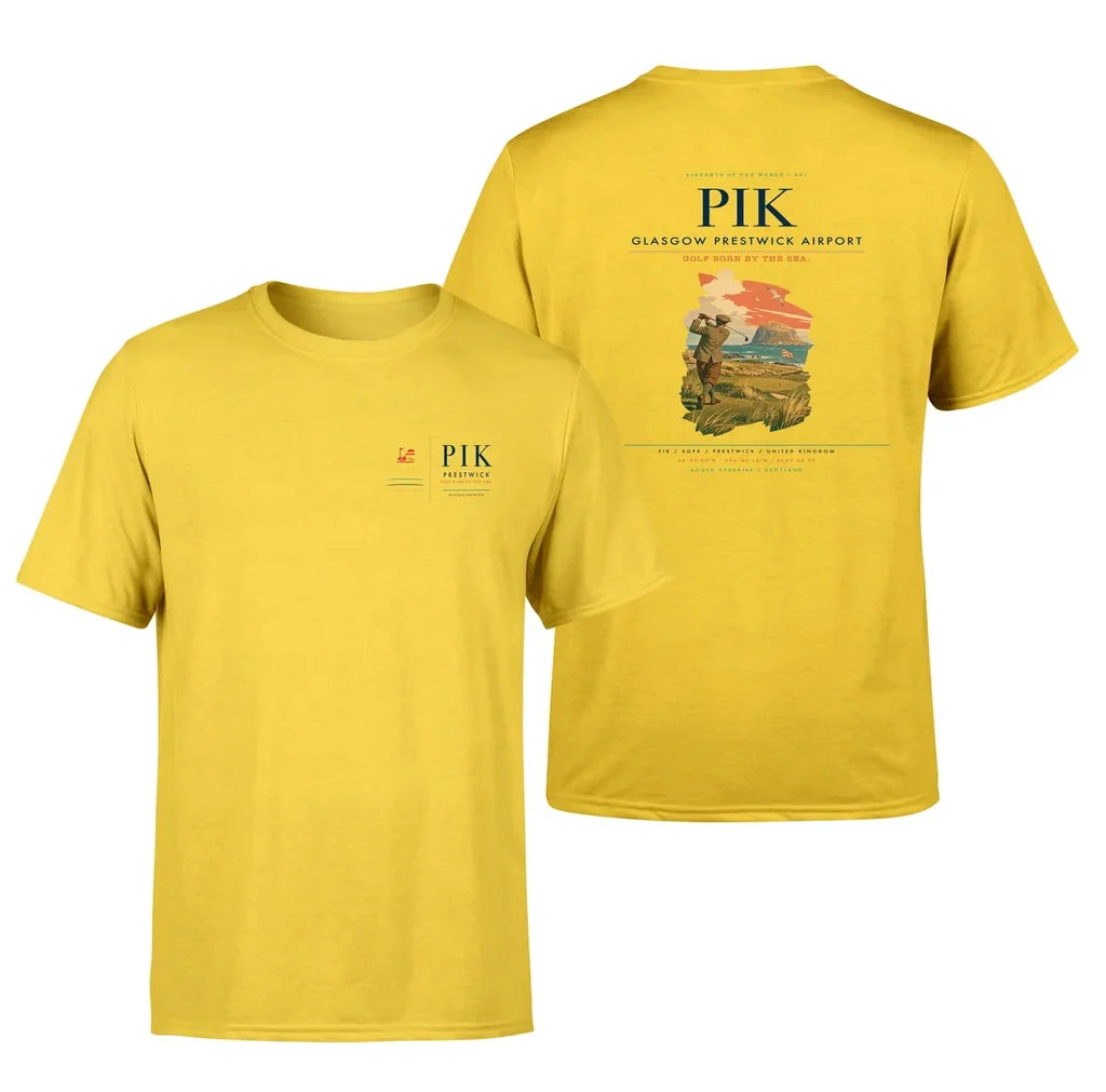 Glasgow Prestwick Airport (PIK) design printed on yellow double-side t-shirt