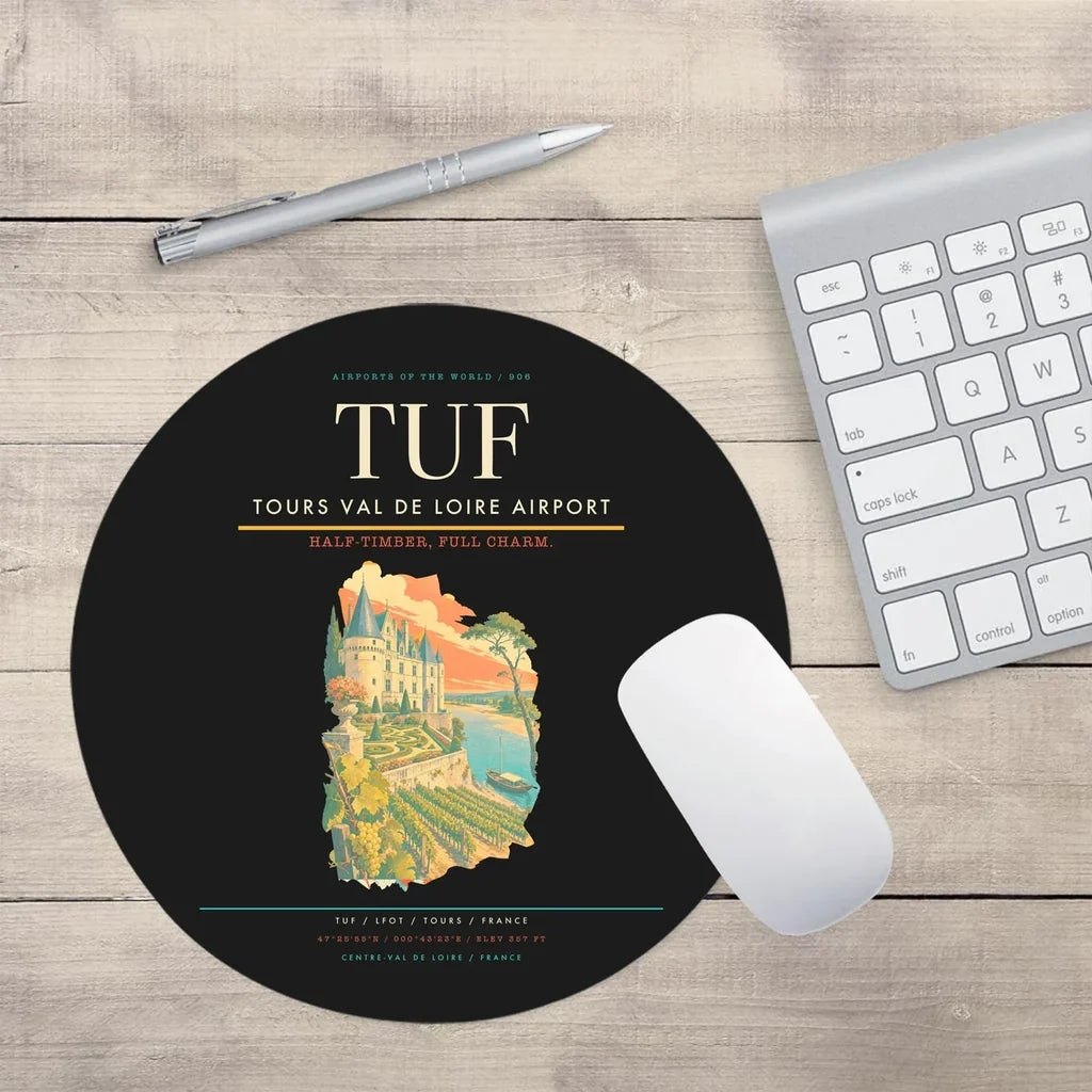 Tours Val de Loire Airport (TUF) design on black round mouse pad