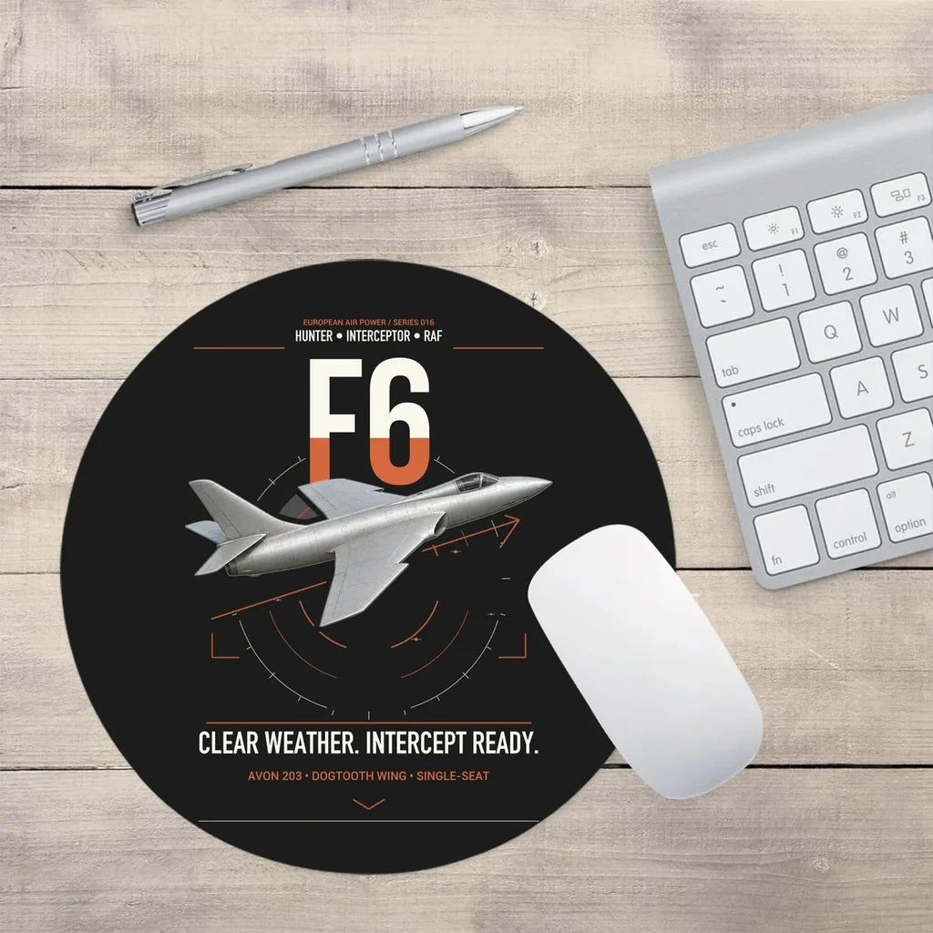 Hawker Hunter F6 design on black round mouse pad
