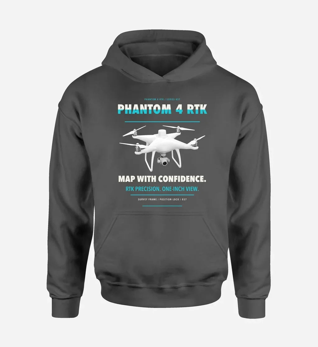 DJI Phantom 4 RTK design on dark gray hoodie single side