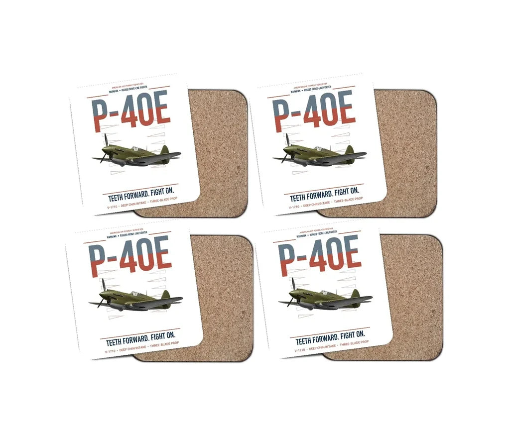 P-40E Warhawk design on white 4 pieces set coaster