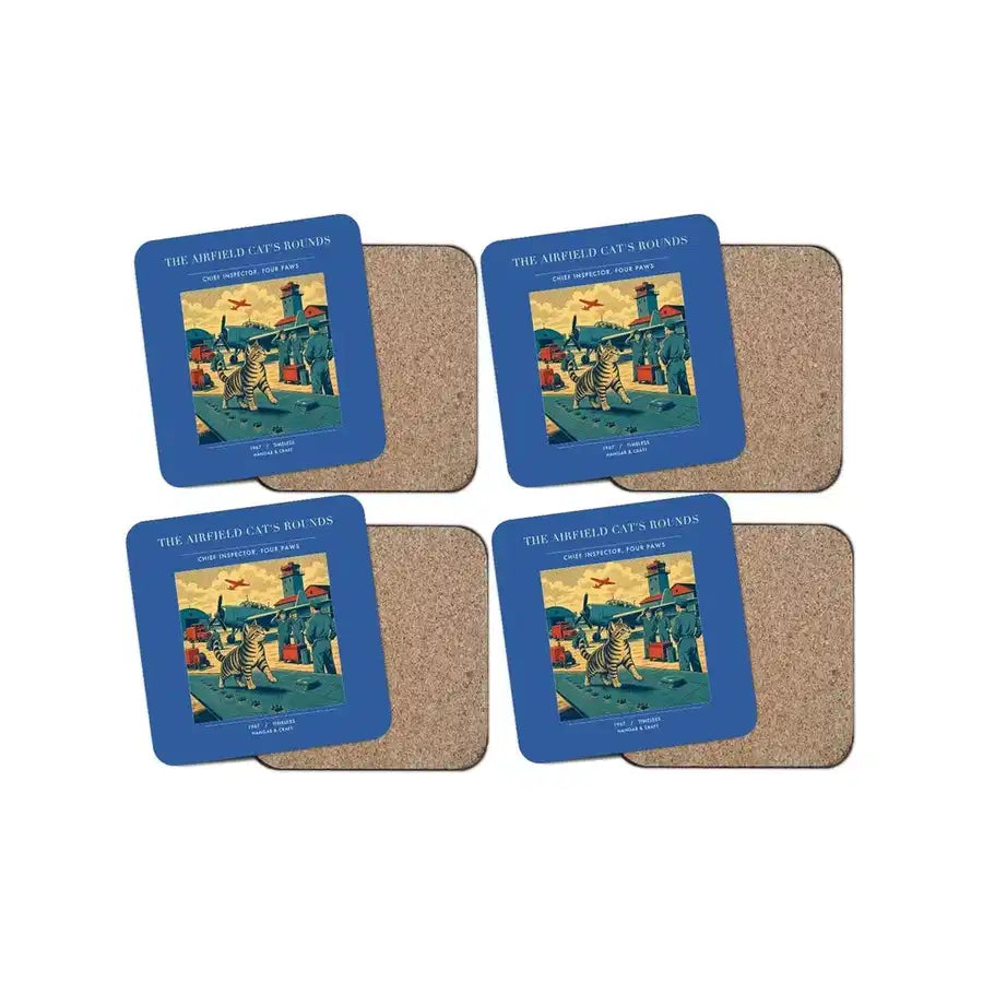The Airfield Cat's Rounds - Designed Coasters design on blue 4-pieces-set