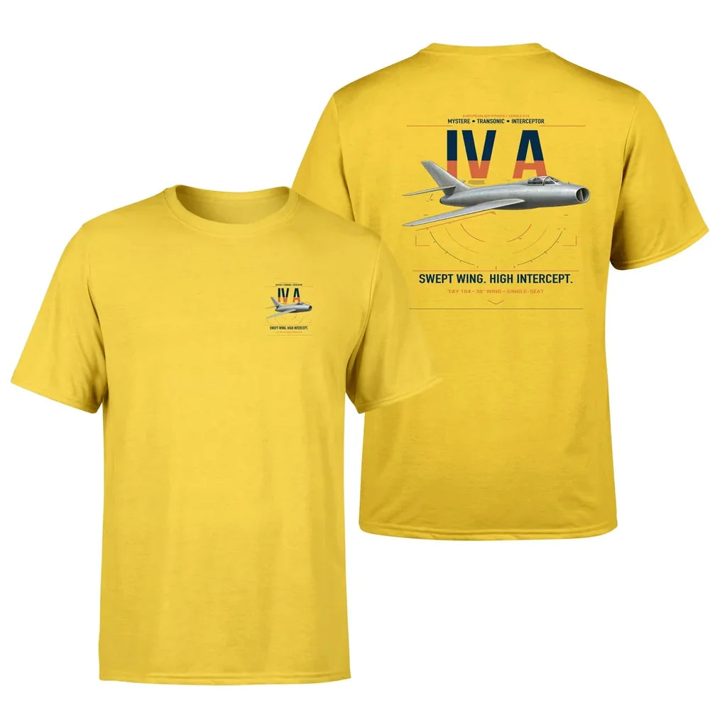 Dassault Mystère IV A design on yellow t-shirt, double-side print