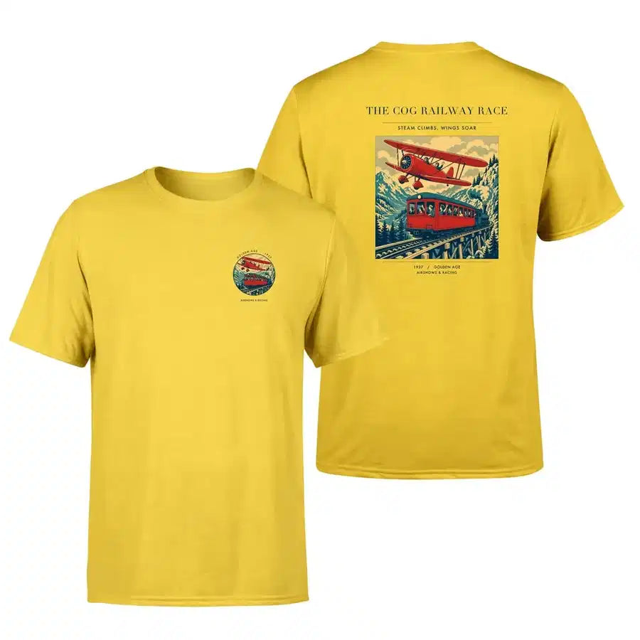 VINTAGE G4347 - The Cog Railway Race - Double-Side T-Shirt design on yellow double side t shirt