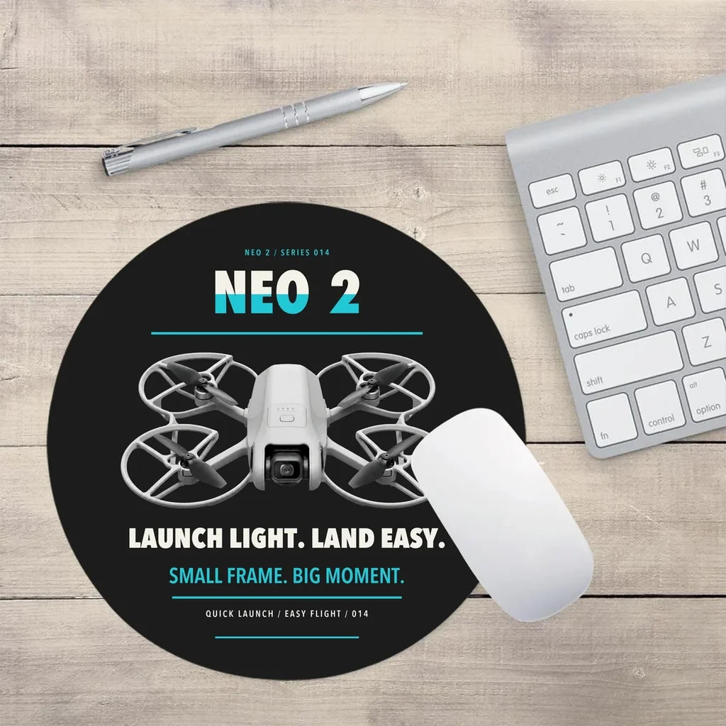 DJI Neo 2 design on black round mouse pad