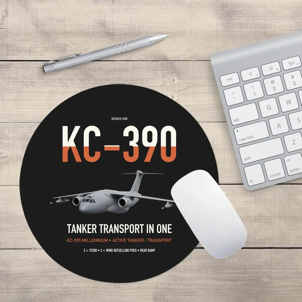 Embraer KC-390 Millennium design on black round mouse pad