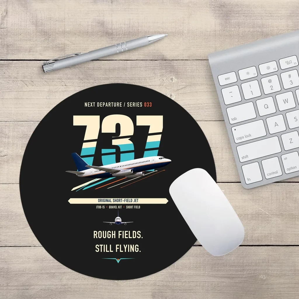 Boeing 737-200 design on black round mouse pad