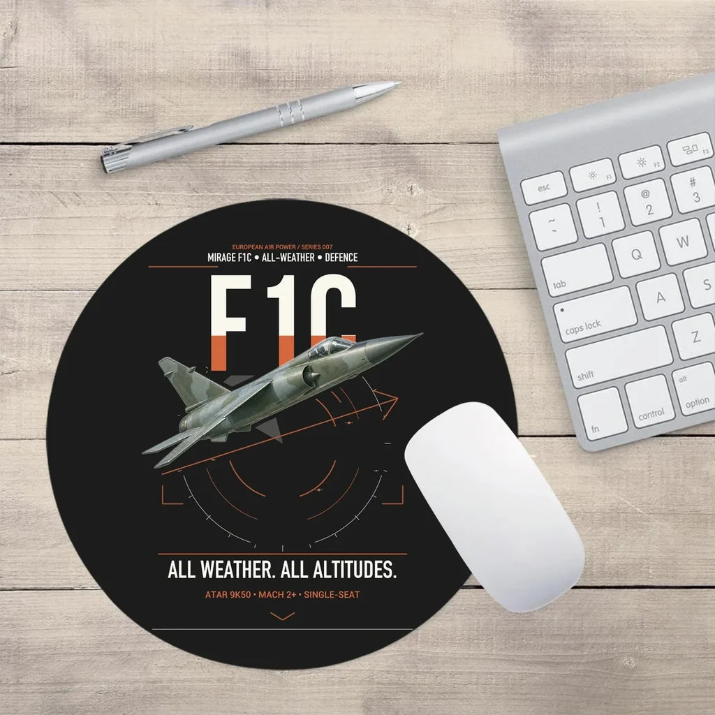Dassault Mirage F1C design on black round mouse pad