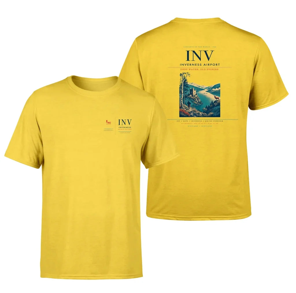 Inverness Airport (INV) design printed on yellow double-side t-shirt
