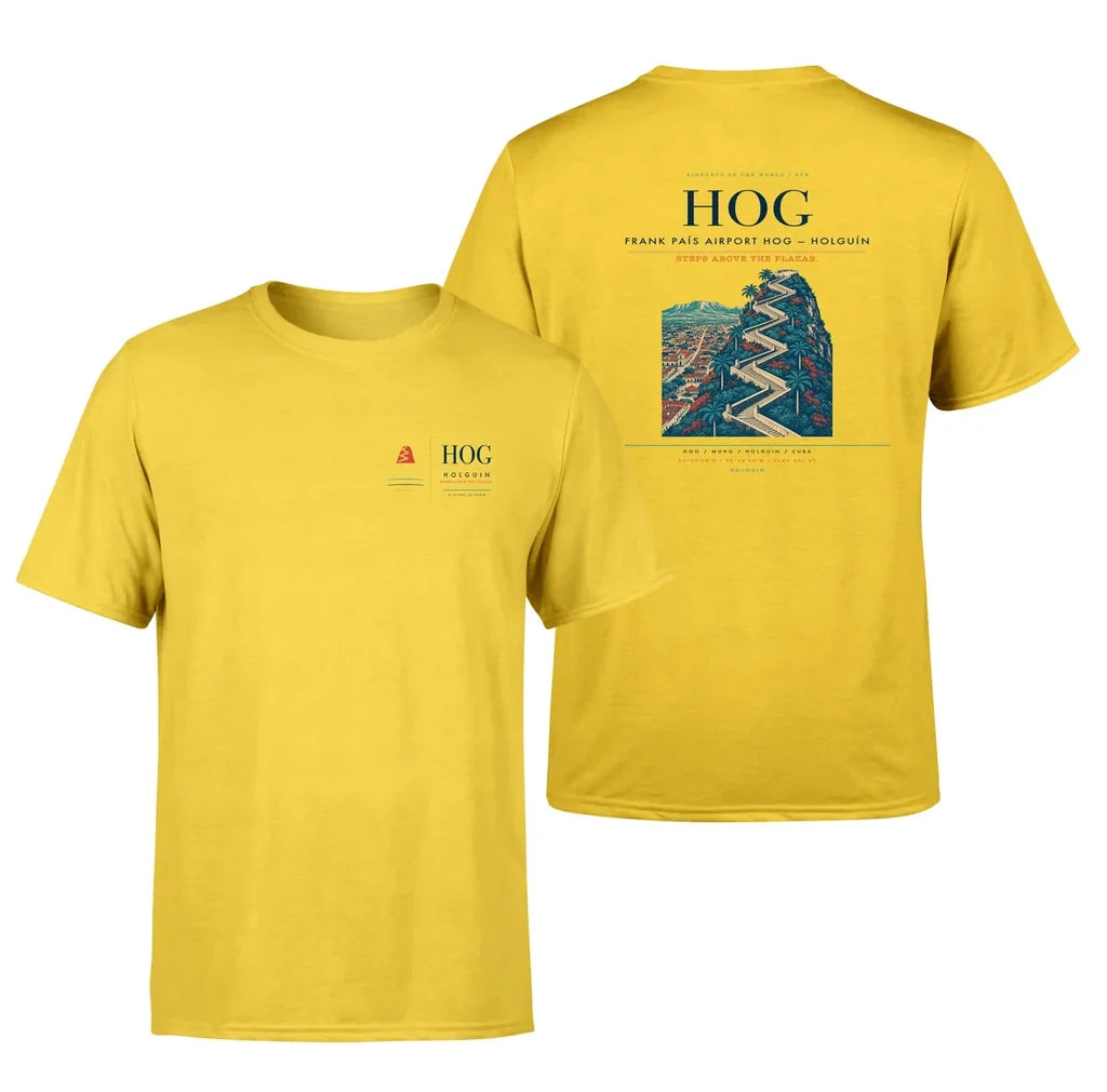 Frank País Airport (HOG) design printed on yellow double-side t-shirt