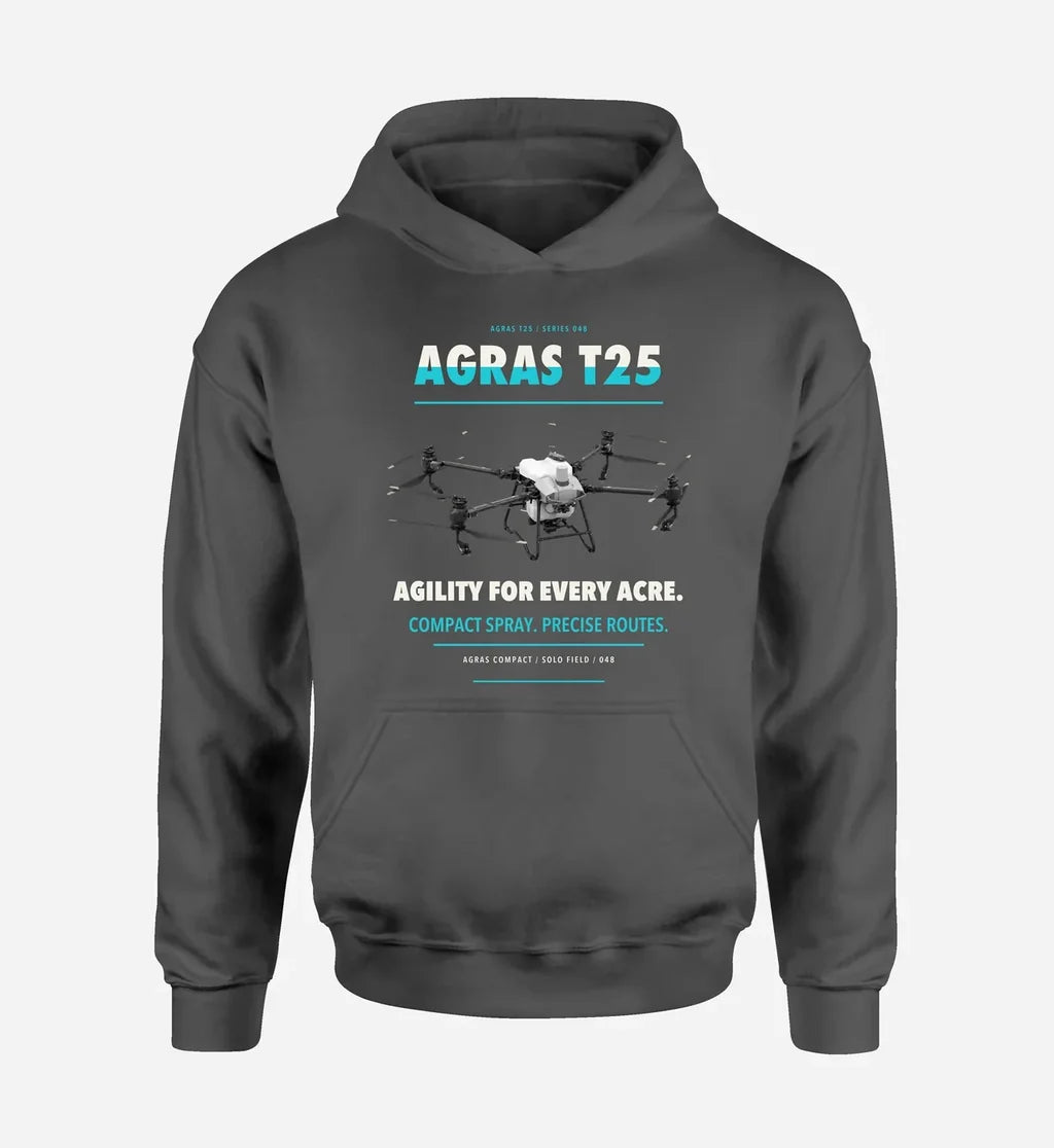 DJI Agras T25 design on dark gray hoodie single side