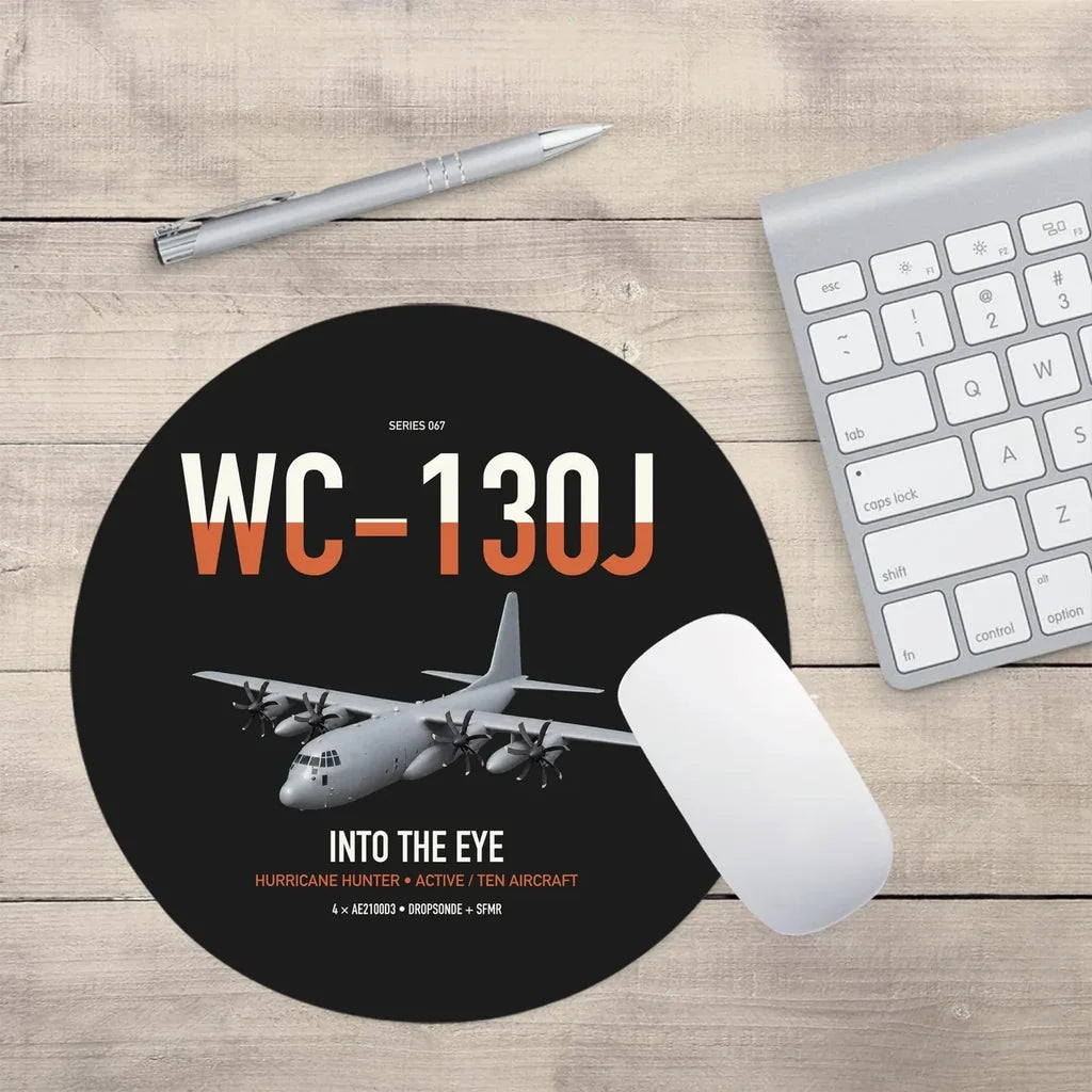 WC-130J Hurricane Hunter design on black round mouse pad