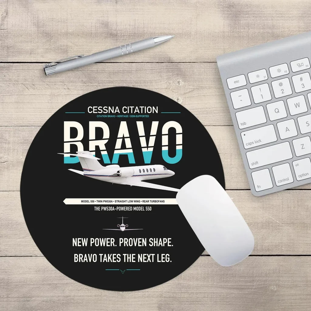 Cessna Citation Bravo design on black round mouse pad