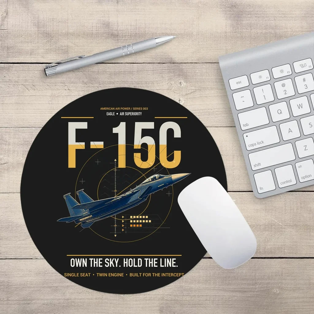 F-15C Eagle design on black round mouse pad