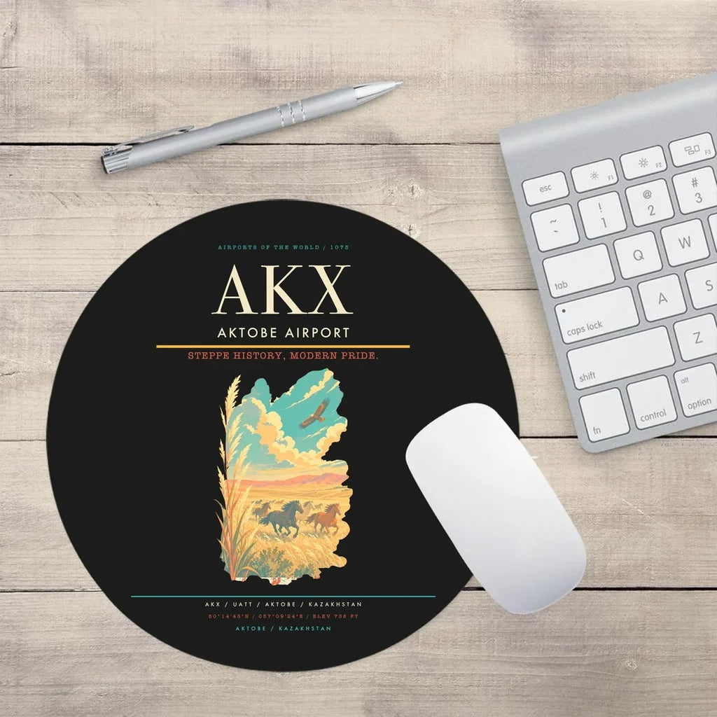 Aktobe Airport (AKX) design on black round mouse pad