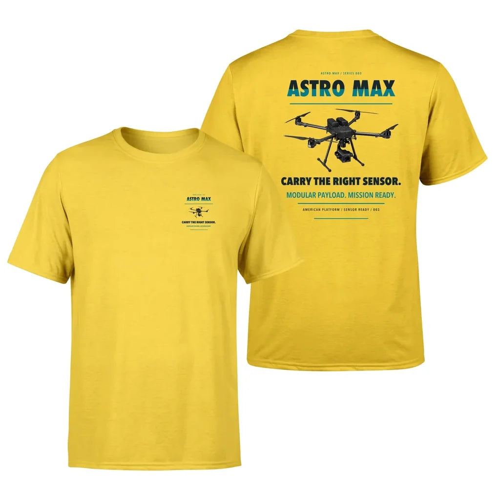Freefly Astro Max design on yellow t shirt