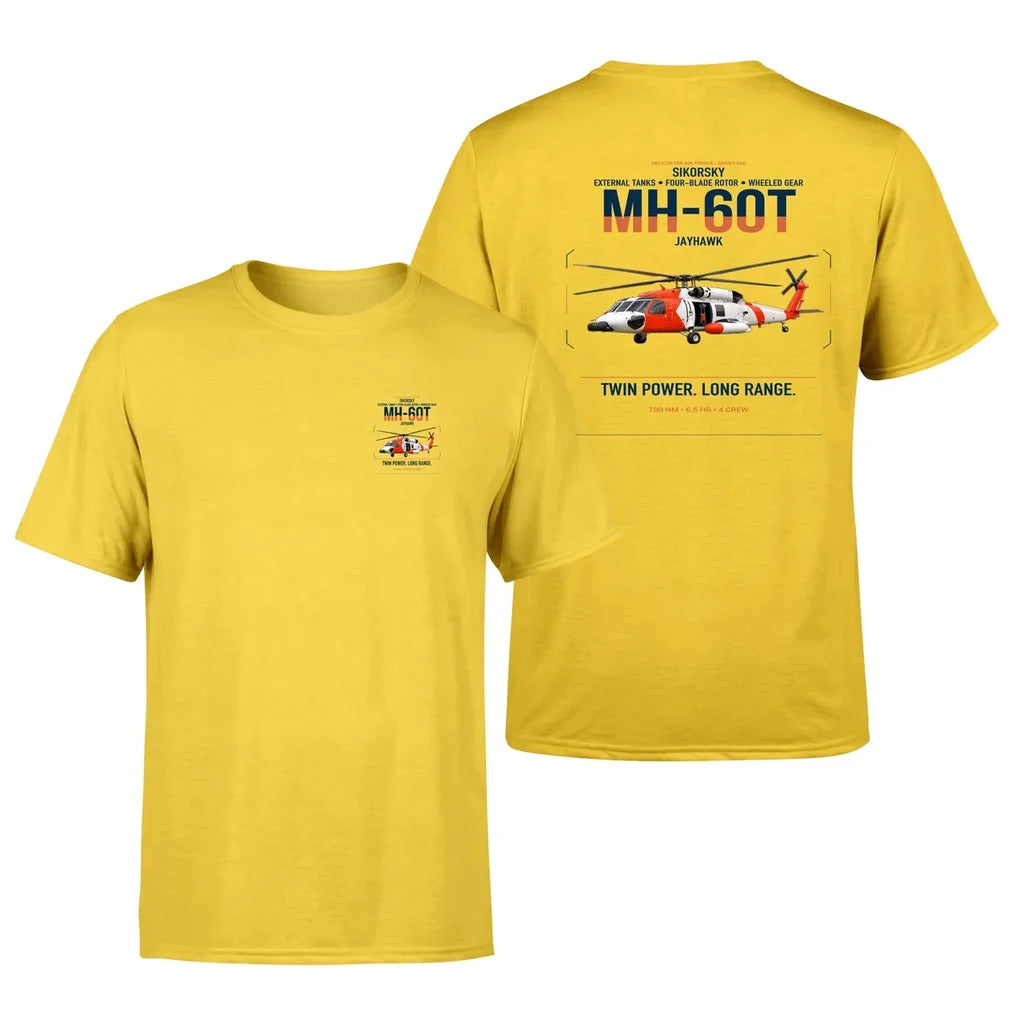 Sikorsky MH-60T Jayhawk design on yellow t-shirt, double-side print