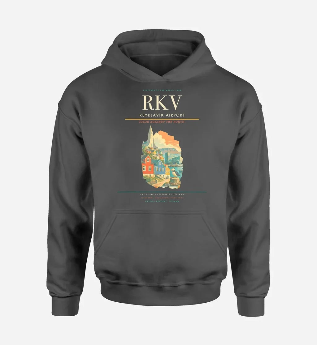 Reykjavík Airport (RKV) design on dark gray hoodie single-side print