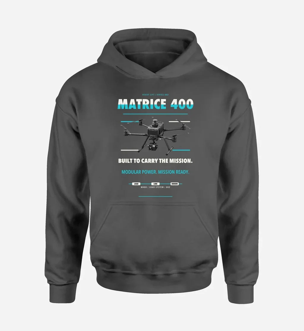 DJI Matrice 400 design on dark gray hoodie single side