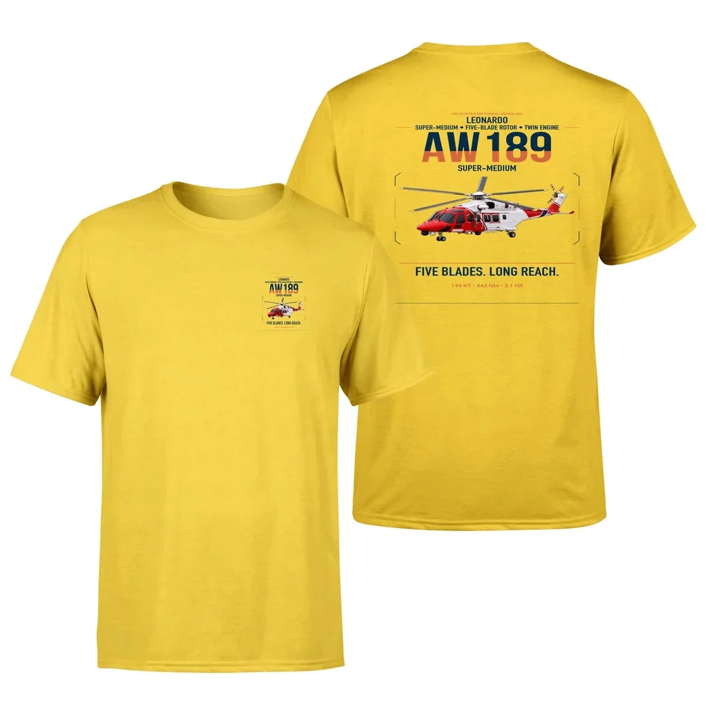 Leonardo AW189 design on yellow t-shirt, double-side print