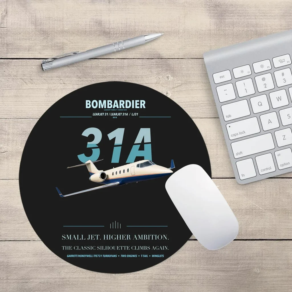 Bombardier Learjet 31A design on black round mouse pad