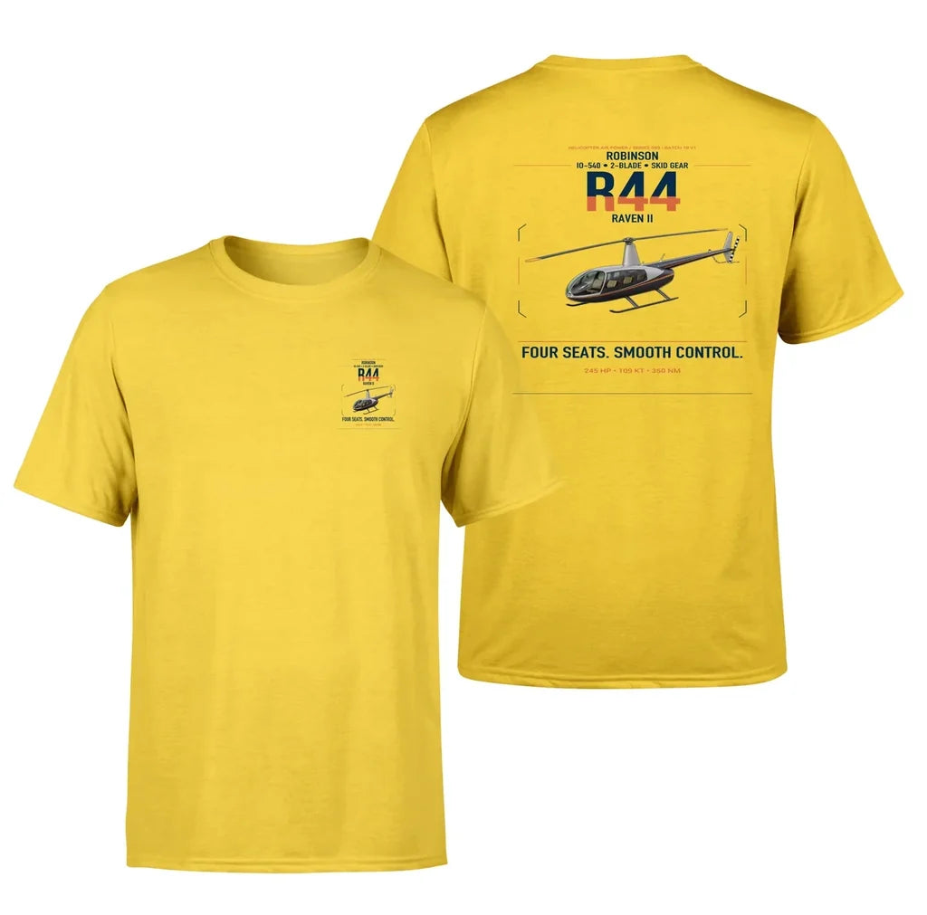 Robinson R44 Raven II design on yellow t-shirt, double-side print