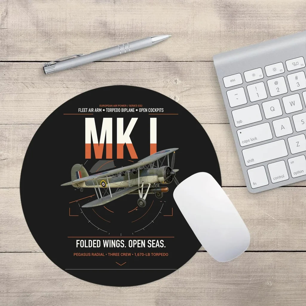 Fairey Swordfish Mk I design on black round mouse pad