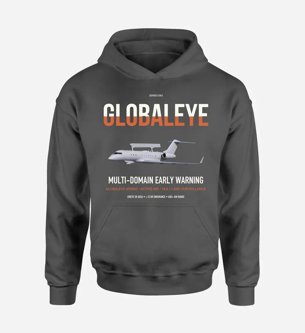Saab GlobalEye design on dark gray double-side hoodie, single-side print
