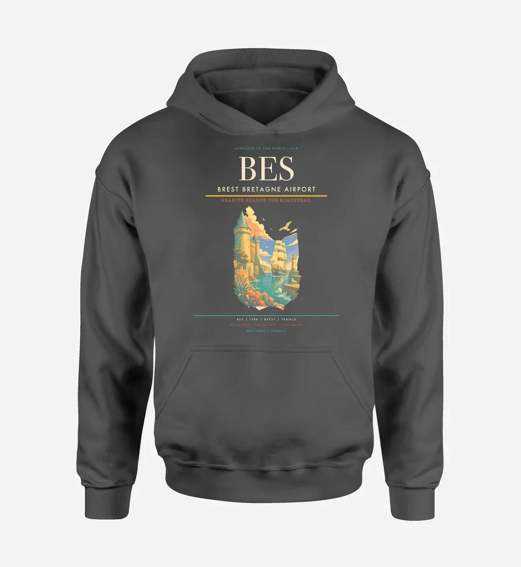 Brest Bretagne Airport (BES) design on dark gray hoodie single-side print