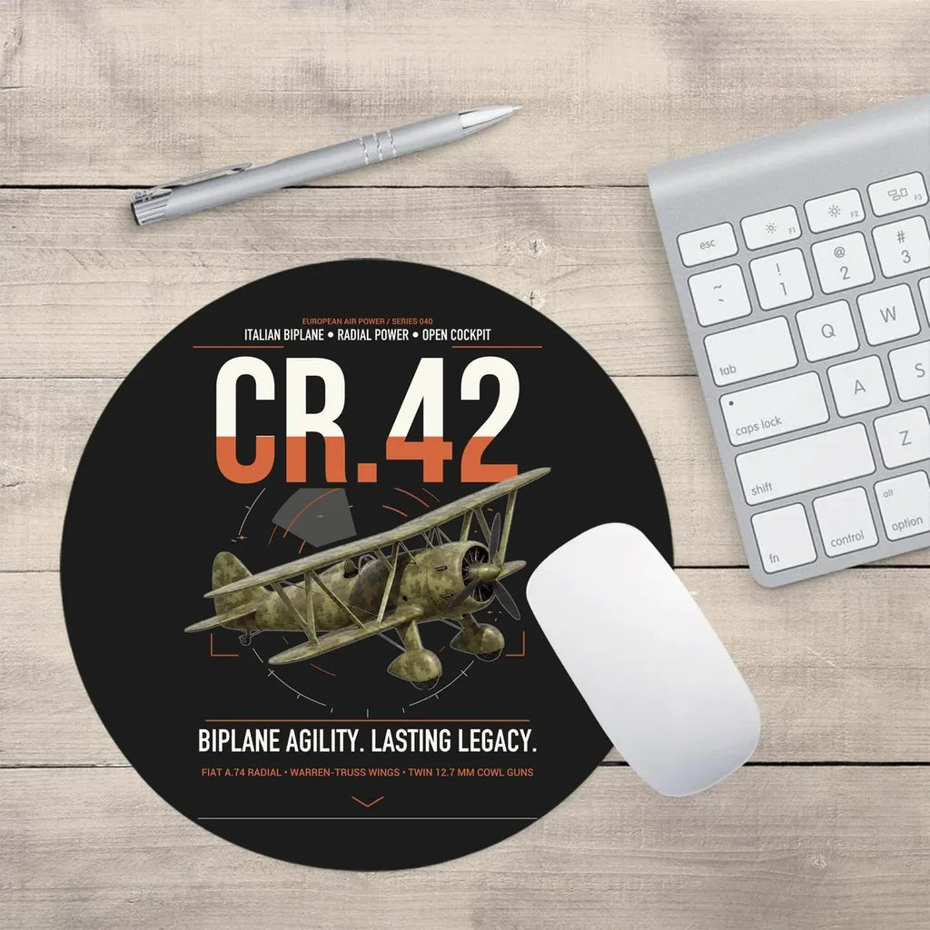Fiat CR.42 Falco design on black round mouse pad
