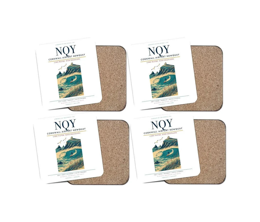Cornwall Airport Newquay (NQY) design on white 4 pieces set coaster