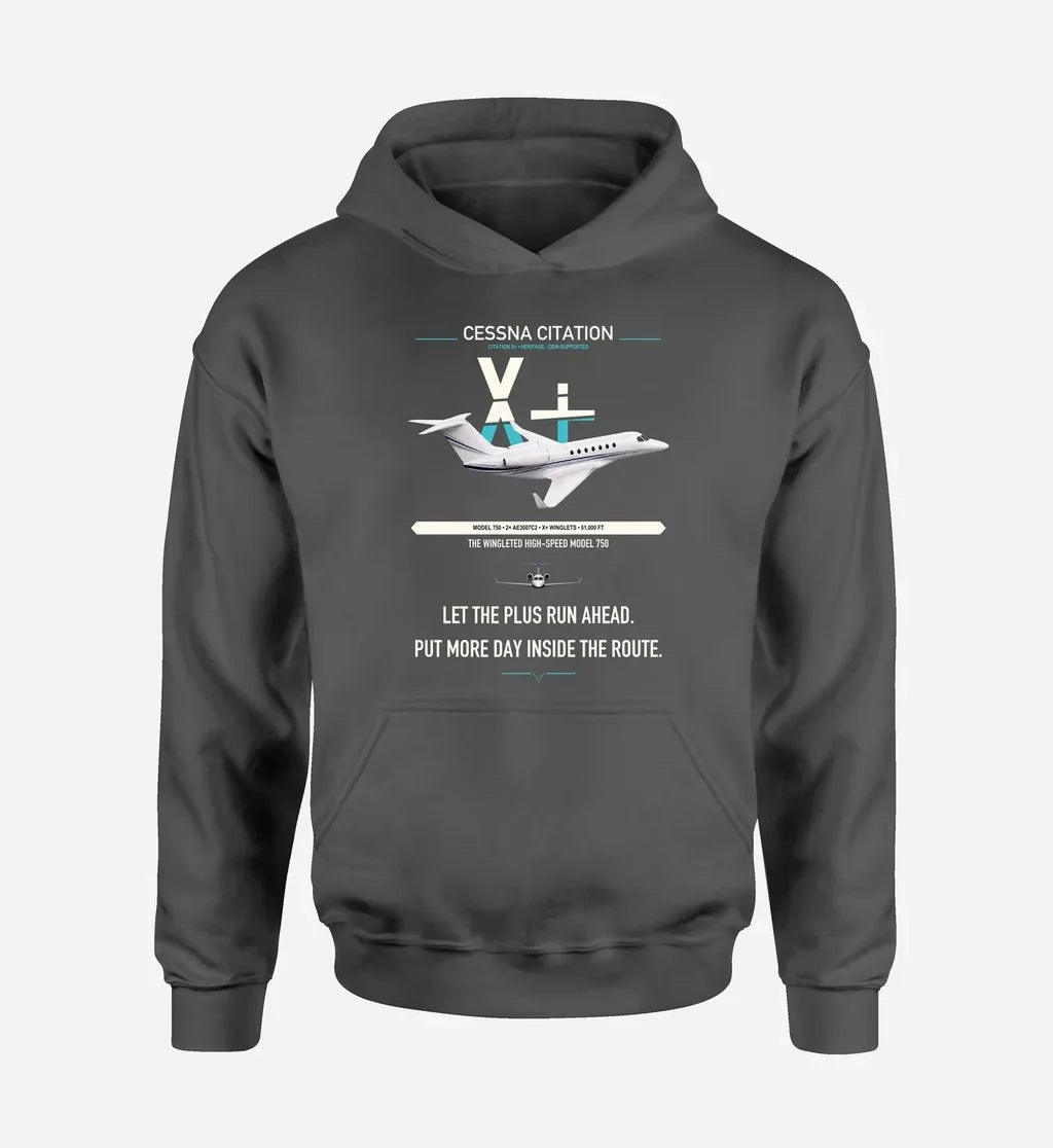 Cessna Citation X+ design on dark gray double-side hoodie, single-side print