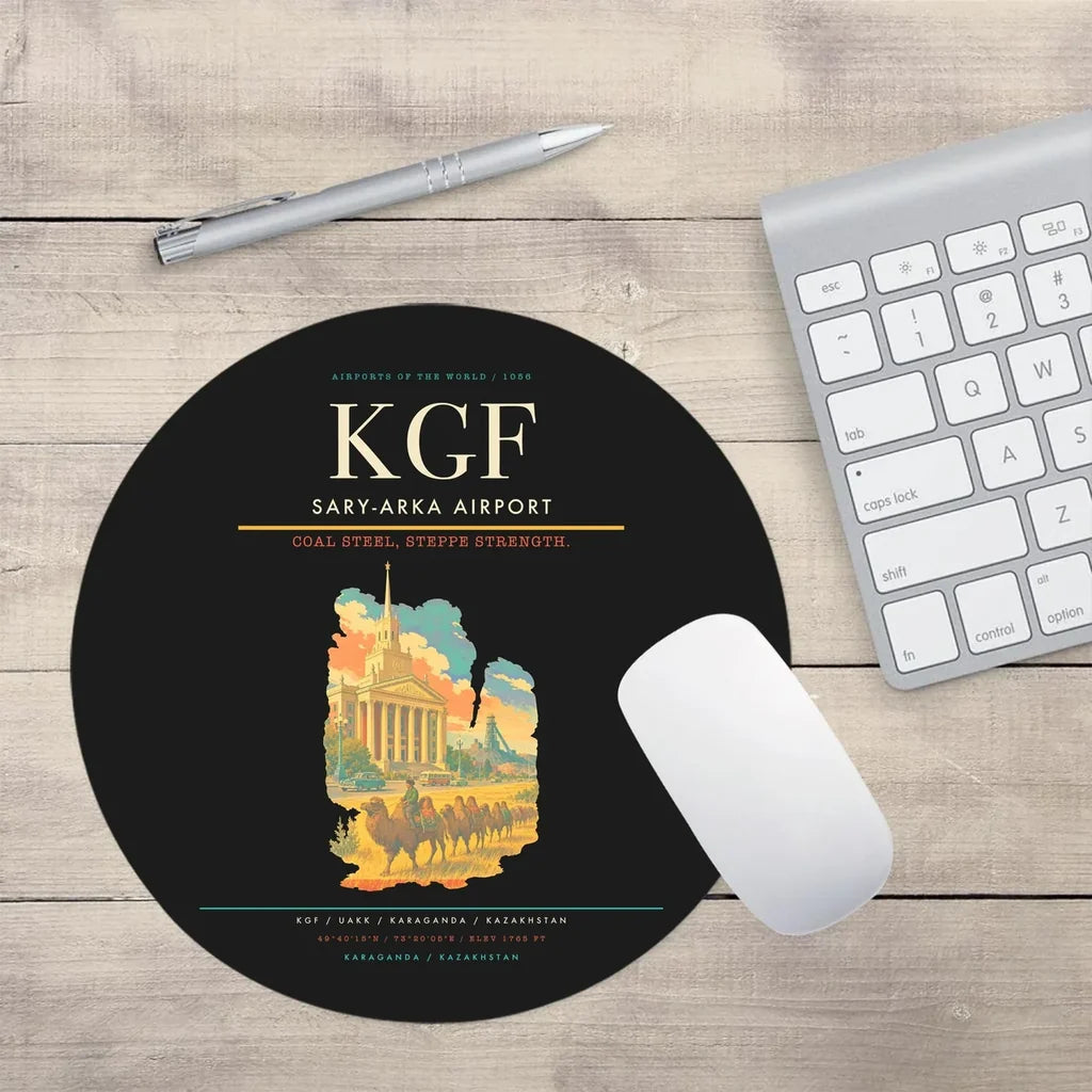 Sary-Arka Airport (KGF) design on black round mouse pad