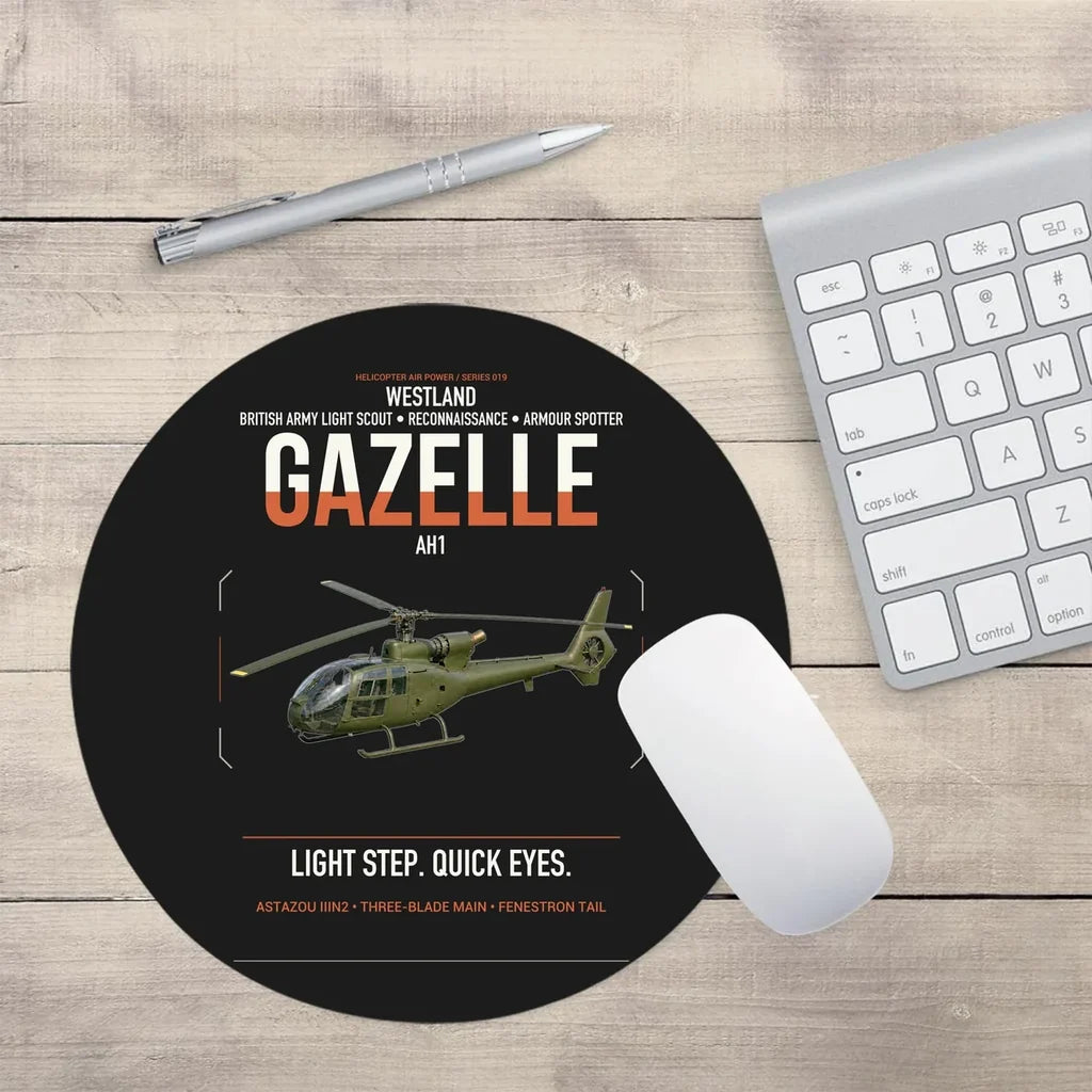 Westland Gazelle AH1 design on black round mouse pad