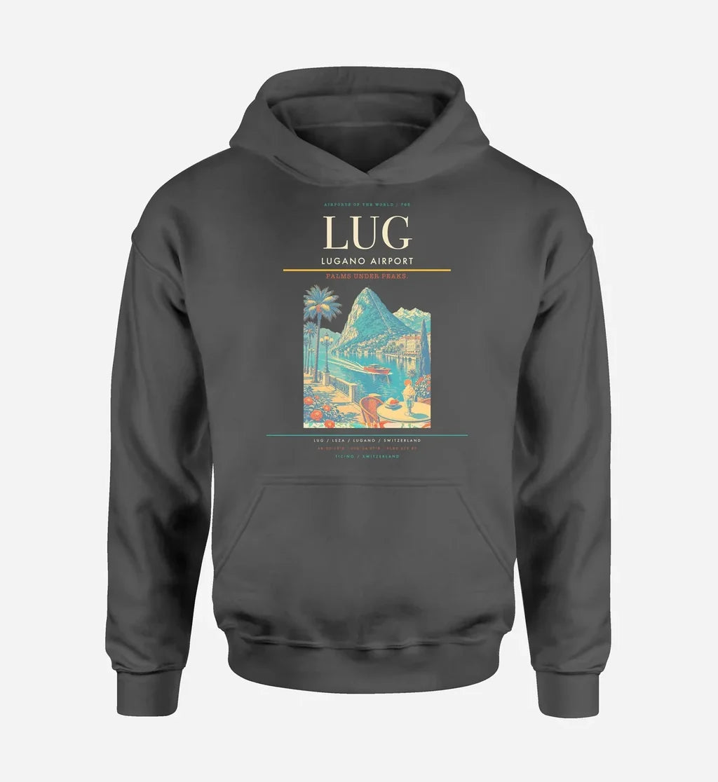 Lugano Airport (LUG) design on dark gray hoodie single-side print