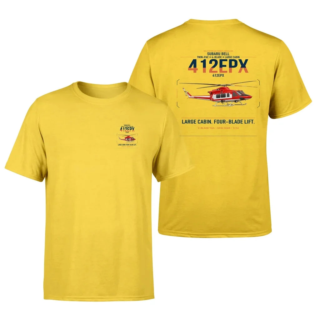 SUBARU Bell 412EPX design on yellow t-shirt, double-side print