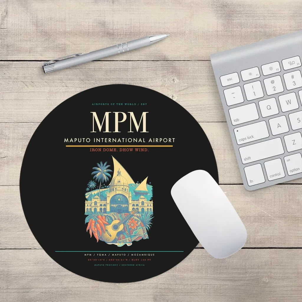 Maputo International Airport (MPM) design on black round mouse pad
