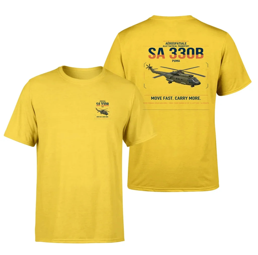 Aérospatiale SA 330B Puma design on yellow t-shirt, double-side print