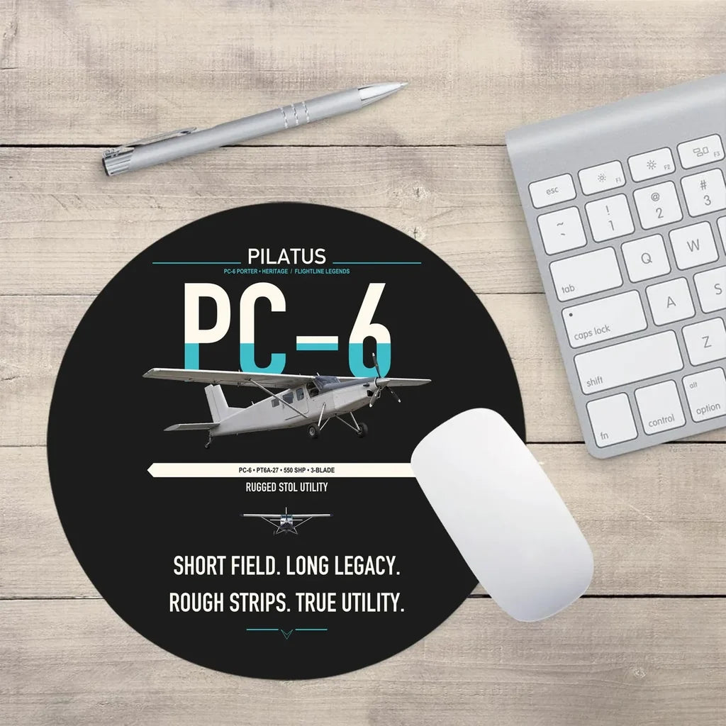 Pilatus PC-6 Porter design on black round mouse pad