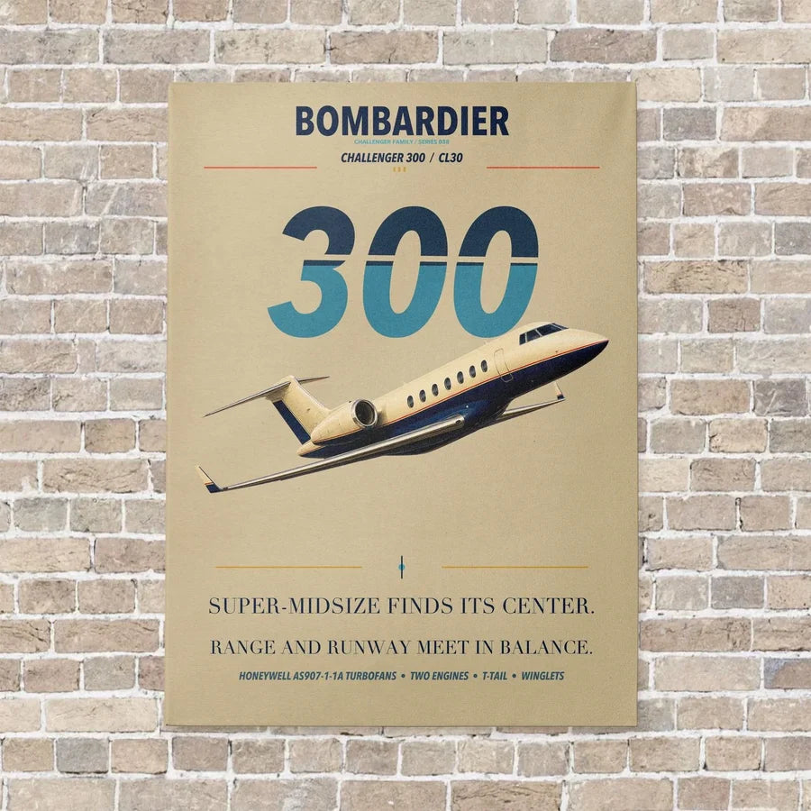 Bombardier Challenger 300 vertical canvas print - no frame - beige background